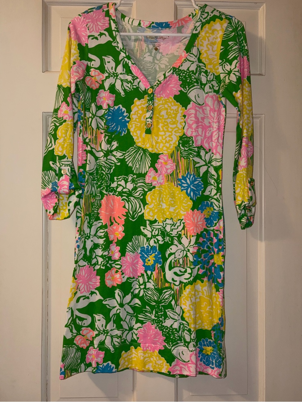 Lilly Pulitzer Green Midi Dress with Pink, Yellow & Blue Floral Print